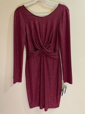 I.N. San Francisco Wine Shimmer Knit Twist Front Long Sleeve Midi Dress M NWT